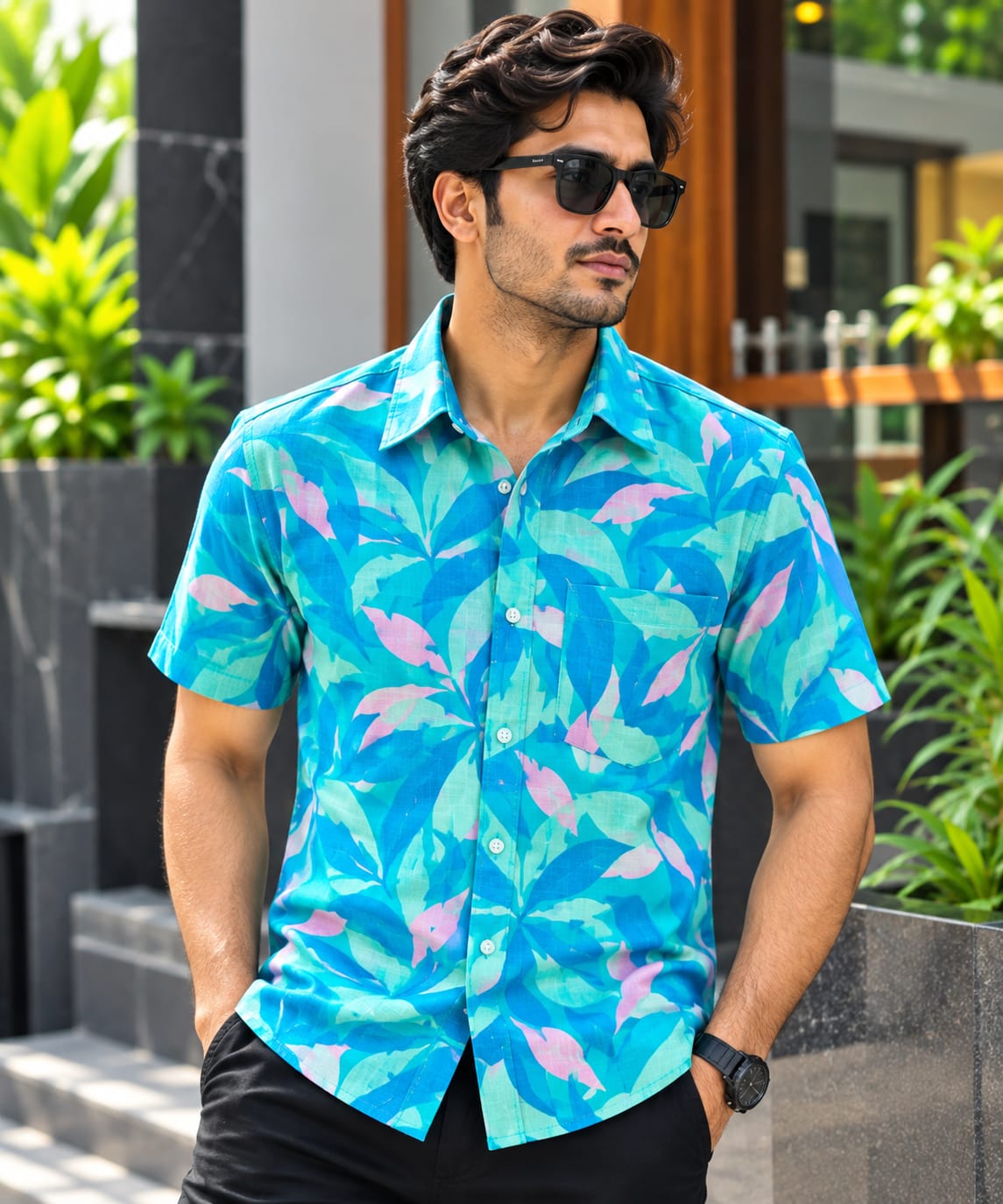 Men's Cotton Half Sleeve Print Shirt with Single Pocket