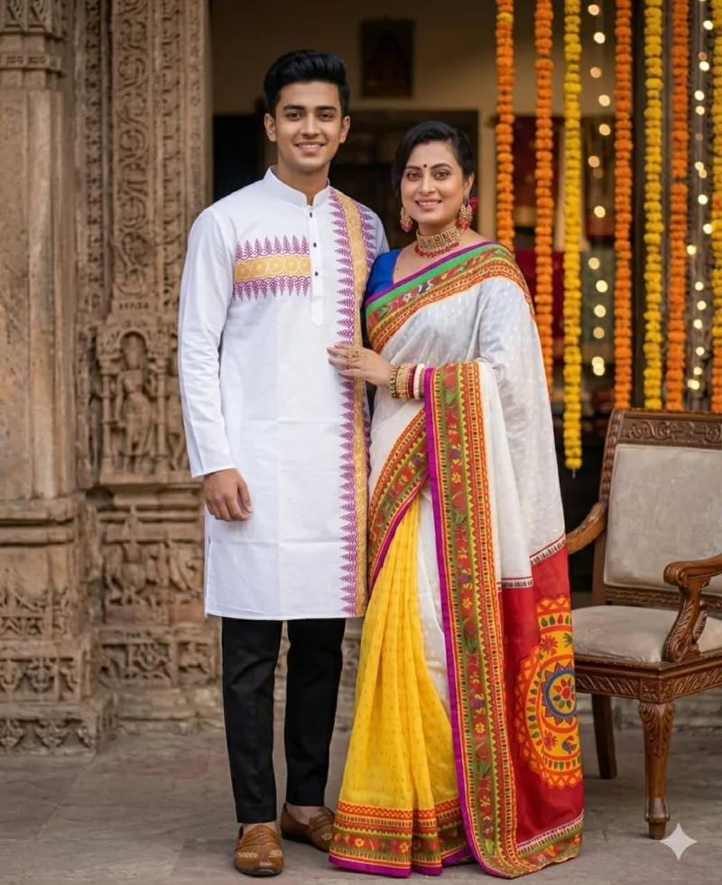 Pohela Boishakh Couple Dress, Tassel Saree with Silk Panjabi