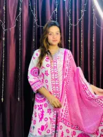 Cotton Skin Print Three Piece with Neck Embroidery, Body 42 and 44