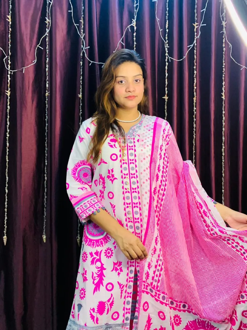 Cotton Skin Print Three Piece with Neck Embroidery, Body 42 and 44