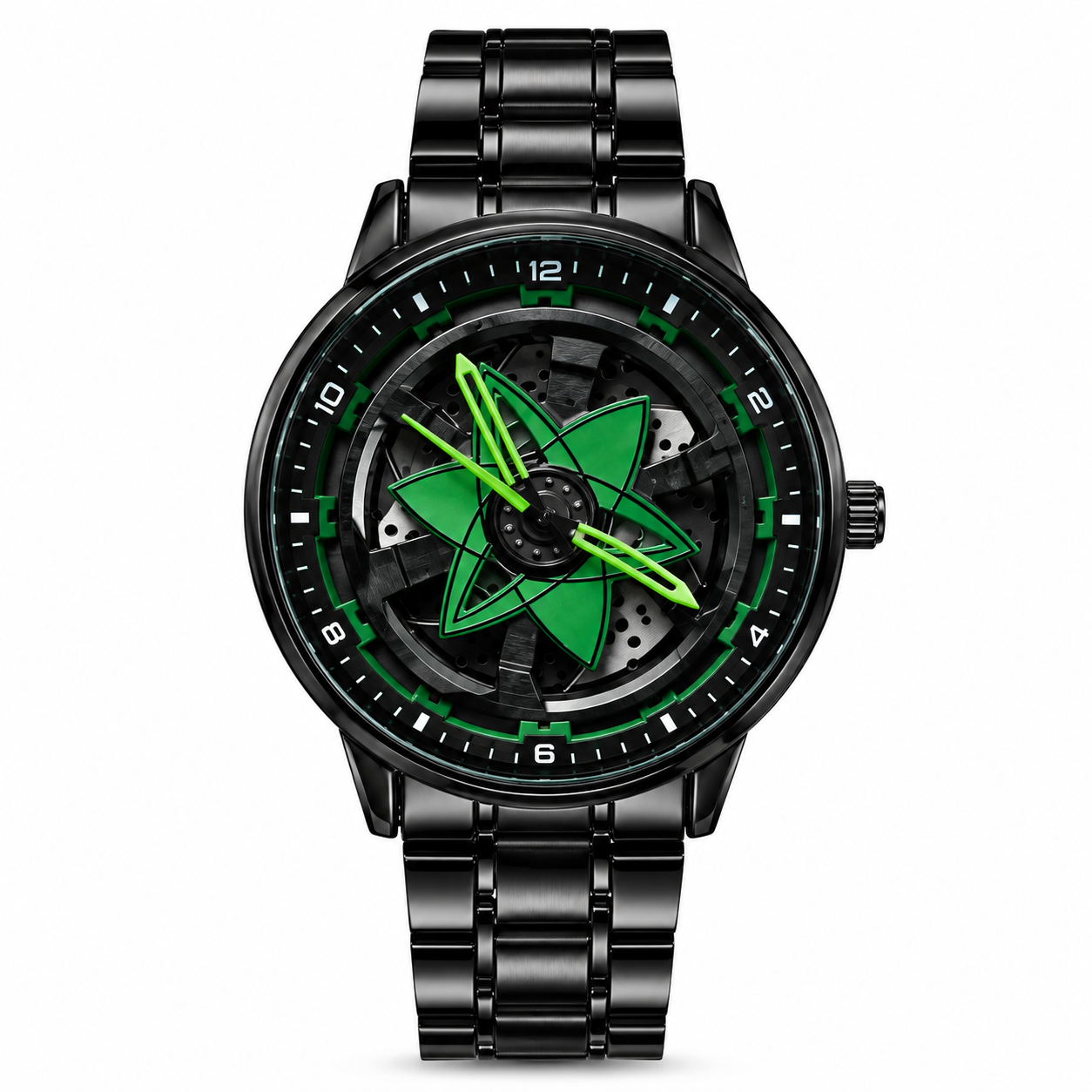 360° Rotating Car Wheel Rim Quartz Watch – Matte Black Metal Sports Wristwatch, 3D Alloy Rim & Brake Disc Dial, Stainless Steel Strap & Scratch-Resistant Glass for Men