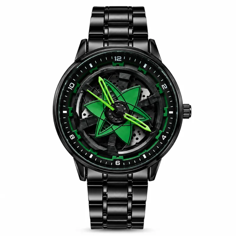 360° Rotating Car Wheel Rim Quartz Watch – Matte Black Metal Sports Wristwatch