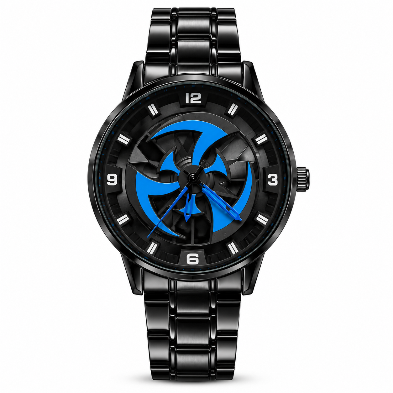 360° Rotating Car Wheel Rim Quartz Watch – Matte Black Metal Sports Wristwatch, 3D Alloy Rim & Brake Disc Dial, Stainless Steel Strap & Scratch-Resistant Glass for Men