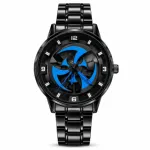 360° Rotating Car Wheel Rim Quartz Watch – Matte Black Sports Wristwatch