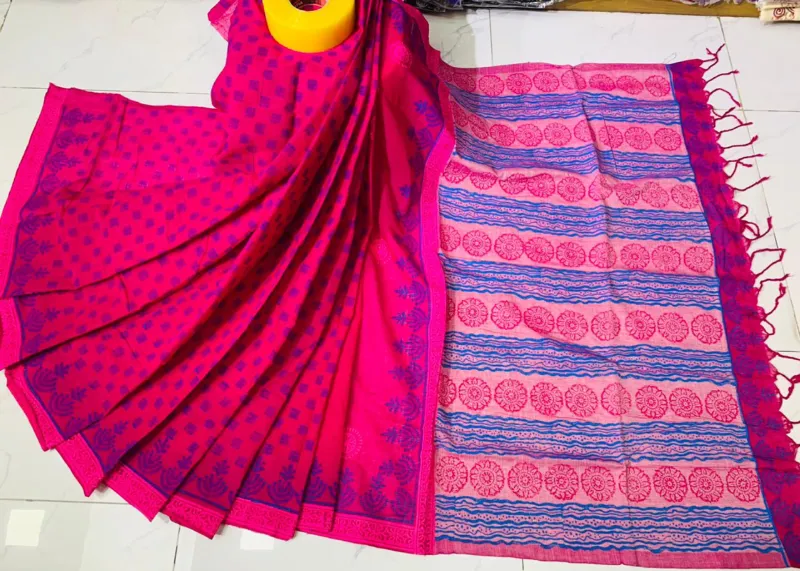 Women's Block Print Cotton Saree, 14 Haath, 6 Colours