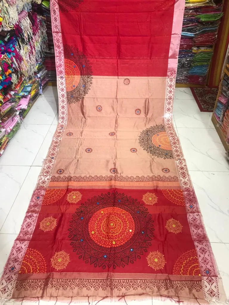 Block Print Dhupian Silk Saree with Embroidery, 13 Haath Long