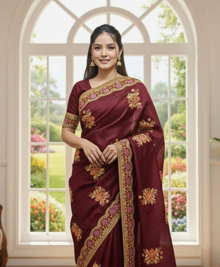 Semi Muslin Saree with Sequin Embroidery and Running Blouse