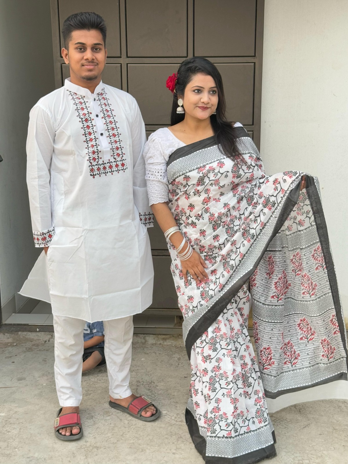 Half Silk Saree and Dhupian Panjabi Couple Dress, No Blouse