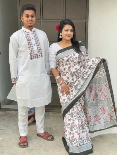 Half Silk Saree and Dhupian Panjabi Couple Dress, No Blouse