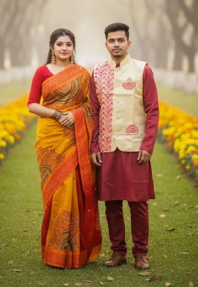 Winter Couple Set, Tangail Saree with Koti and Panjabi