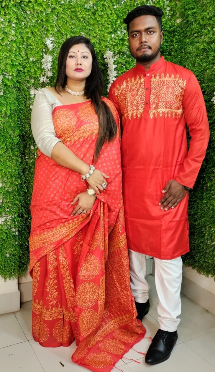 Block Print Dhupian Silk Couple Set, Saree and Panjabi, 4 Colours