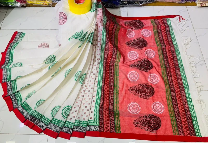 Women's Block Print Cotton Saree, 14 Haath, 6 Colours