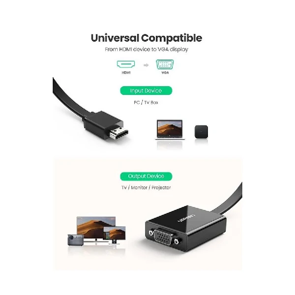 Ugreen 40248 HDMI Male to VGA, 3.5mm & Type-C Female, Black Converter