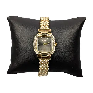 Luxury Golden Stone Studded Ladies Quartz Watch – Stylish & Elegant Design (Black Dial)