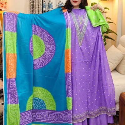 Unstitched Premium Bandhej Cotton Three-Piece Suit – Lavender & Sky Blue