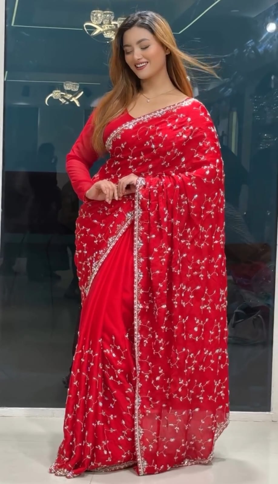 Chinigura Georgette Saree with Sequin and Embroidery Work, 12 Haath