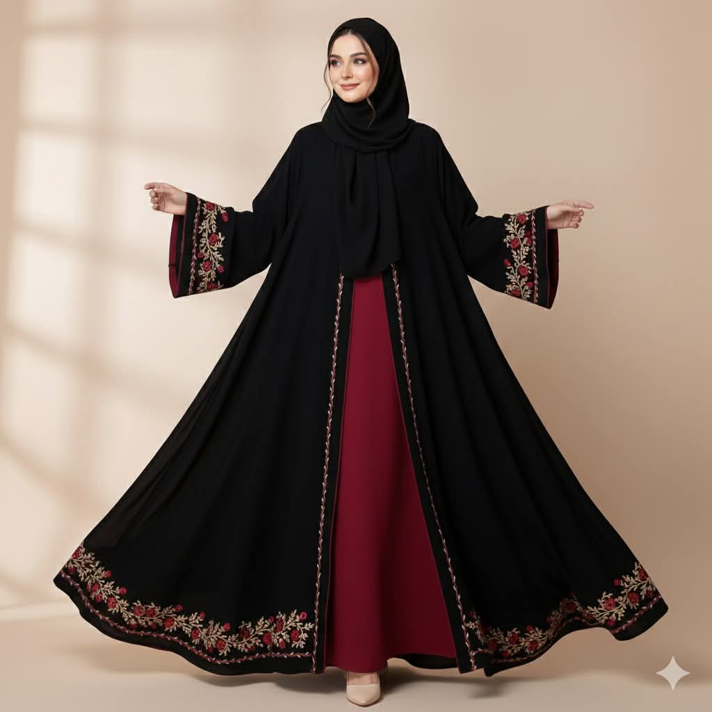 Rose Koti Borka with Embroidery and Long Hijab, 2 Colours