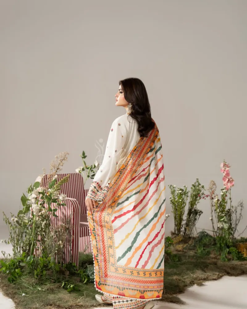 White Cotton Floral Embroidery Three Piece with Printed Orna