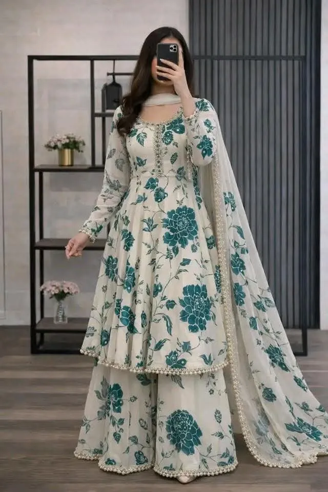 Screen Print Cotton Garara Three Piece with Lace, Sizes M and L