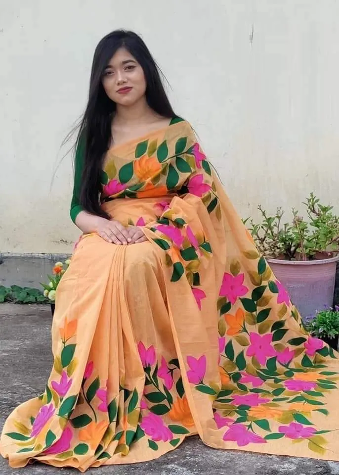 Tuli Brush Hand Print Half Silk Saree, 12 Haath