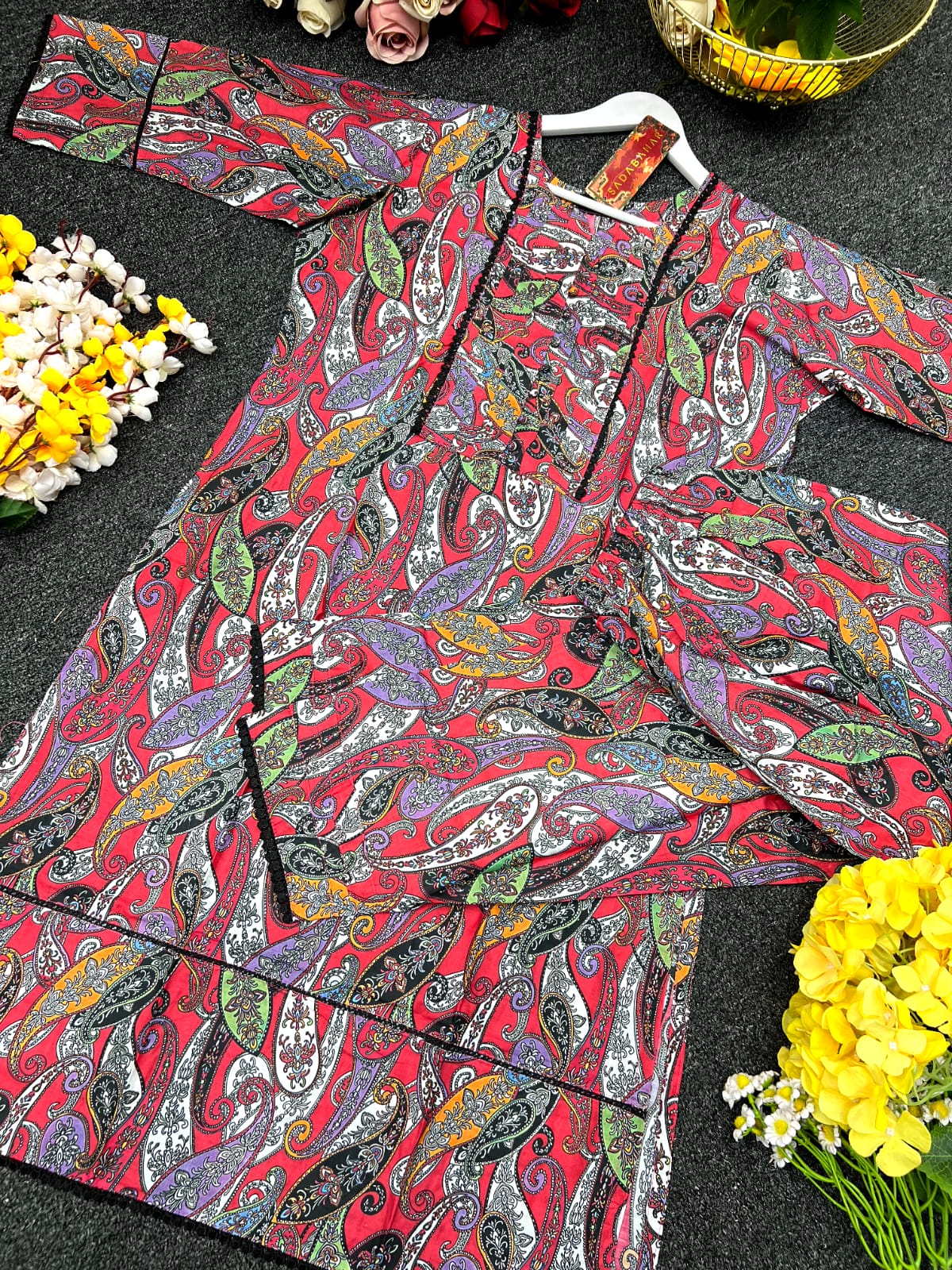Cotton Digital Print Two Piece with Lace Work, 6 Colours