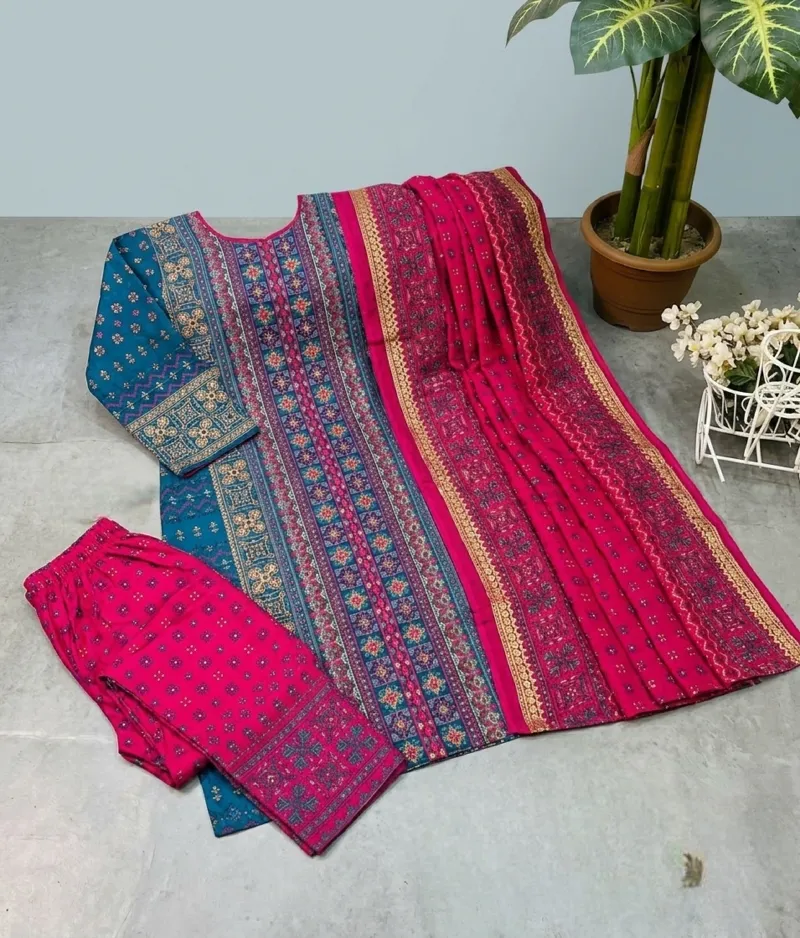 Premium Cotton Block and Digital Print Three-Piece Set