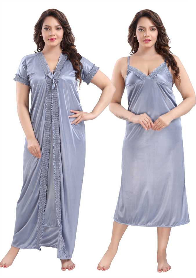Satin 2 Part Nightie with Smocking Work, Gown and Inner Top