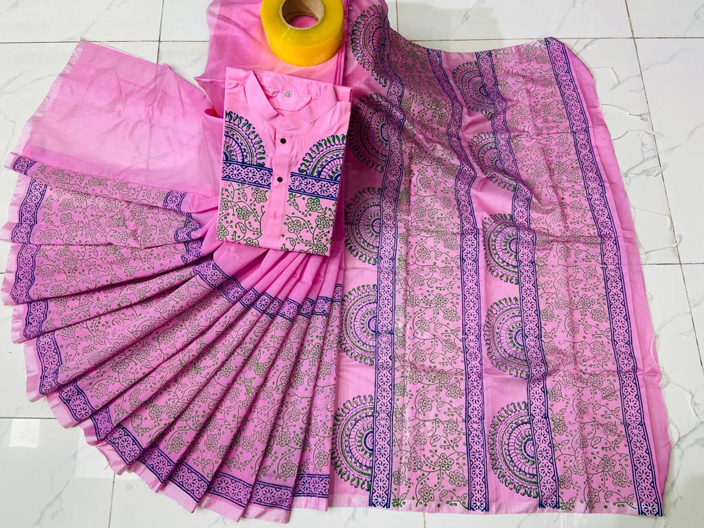 Block Print Couple Set, Dhupian Silk Saree and Panjabi, S to XL