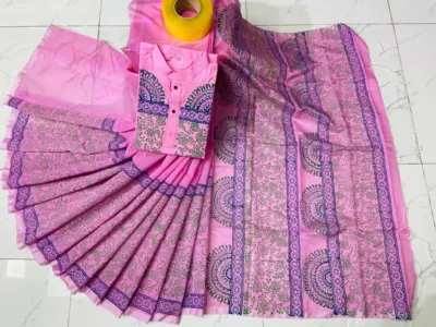 Block Print Couple Set, Dhupian Silk Saree and Panjabi, S to XL
