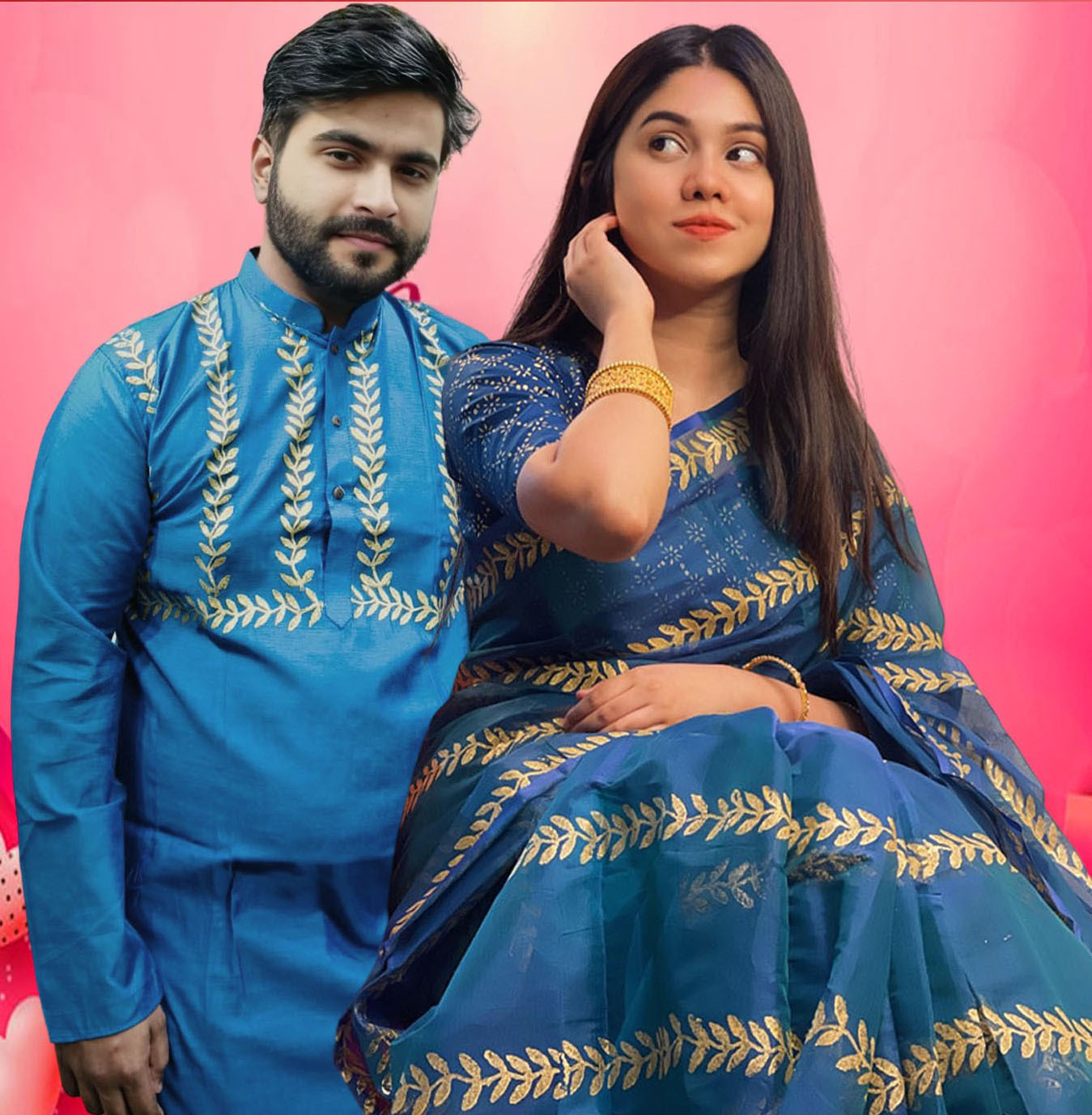 Semi Muslin Saree and Dhupian Silk Panjabi Couple Set