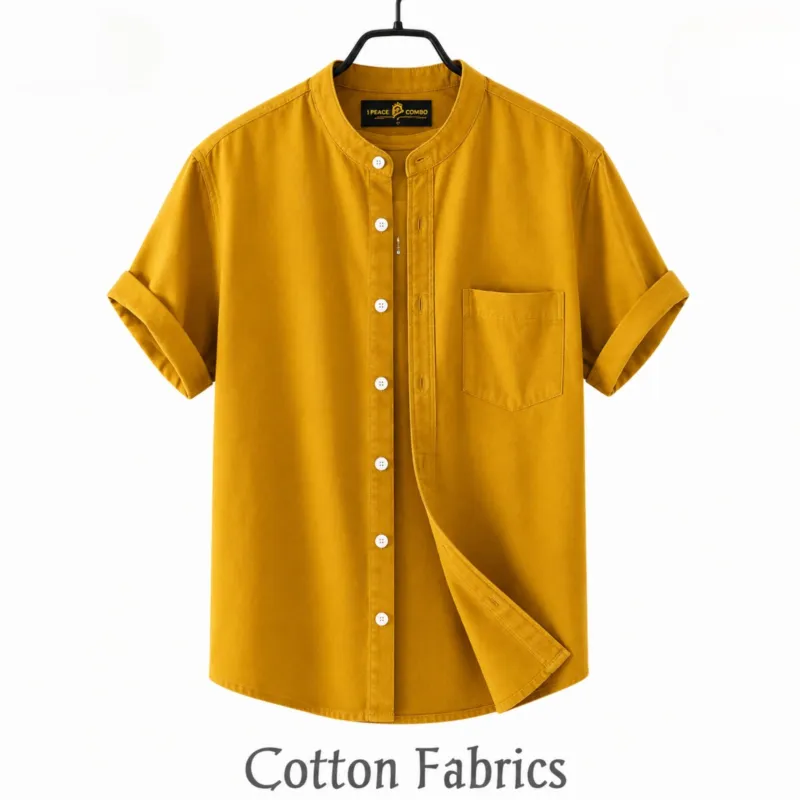 Men's Oxford Cotton Band Collar Half Sleeve Shirt, Slim Fit