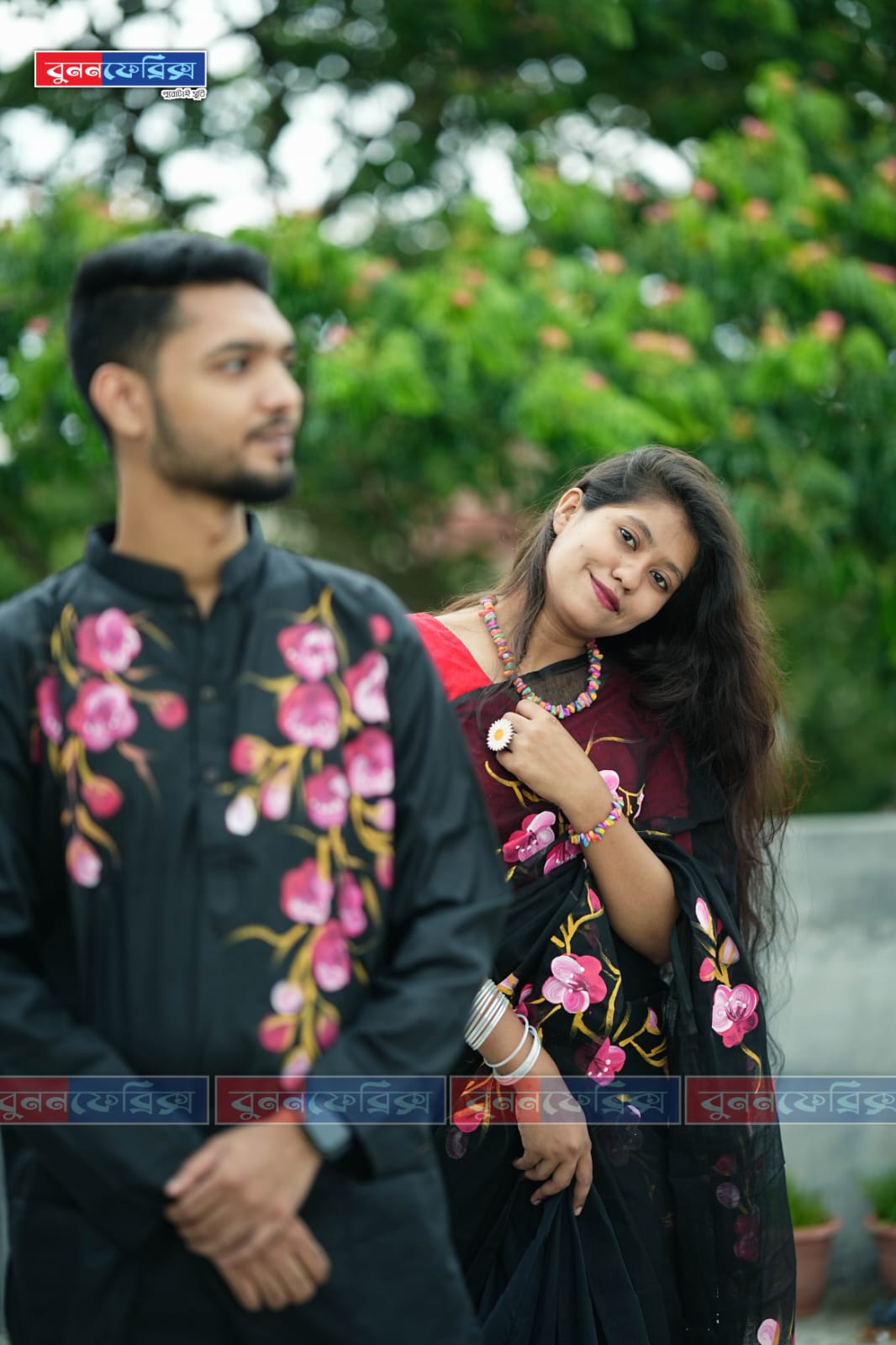 Half Silk Saree with Hand Print Dhupian Silk Panjabi, Couple Set