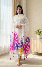 Block and Hand Print Unstitched Three Piece with Tassel Orna