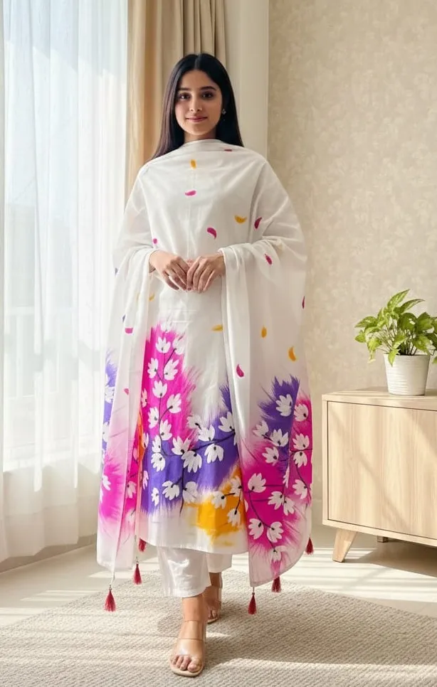 Block and Hand Print Unstitched Three Piece with Tassel Orna