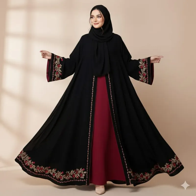Rose Koti Borka with Embroidery and Attached Koti, Cherry Fabric
