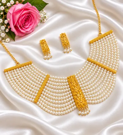 Royal Gold-Plated Multi-Strand Pearl Choker Set