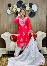 Chikankari Necklace Embroidery Cotton Three Piece, Rayon Silk Orna