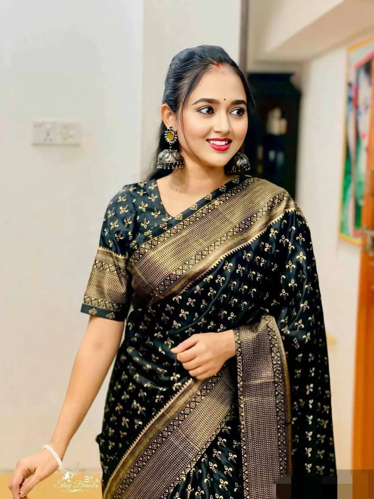 Silk Saree with Screen Print and Matching Blouse, 4 Colours