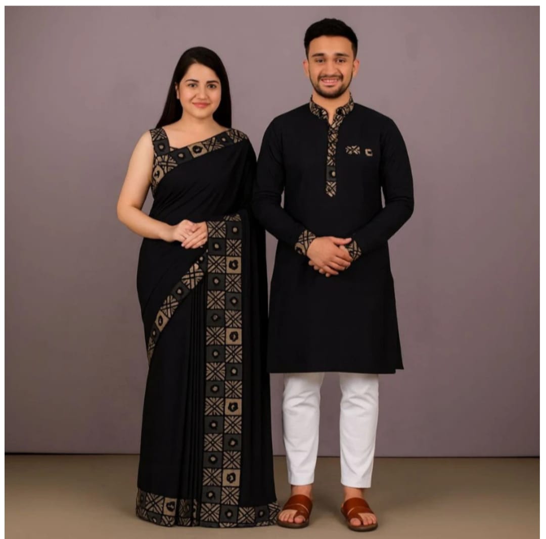 Couple Eid Combo, Digital Print Silk Saree, Panjabi and Pajama