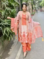 Women's Silk Digital Print Three Piece with Soft Cotton Orna