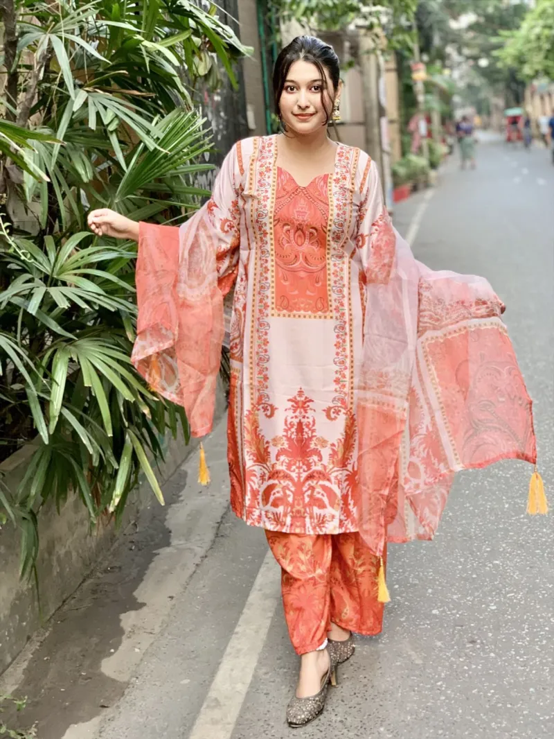Women's Silk Digital Print Three Piece with Soft Cotton Orna