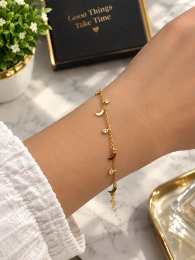 Anti-Tarnish Golden Crescent Moon & Crystal Charm Bracelet