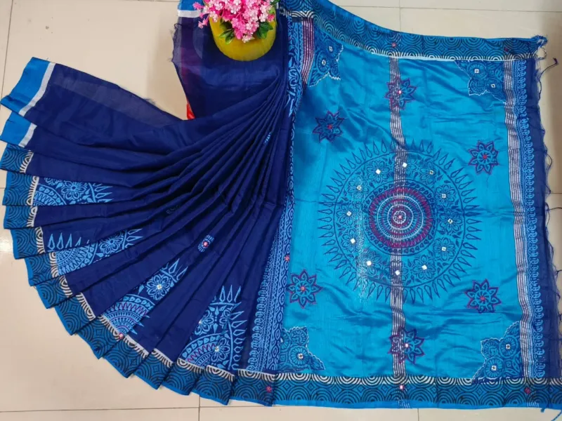 Dhupian Silk Saree with Block Print and Embroidery, 13 Haath