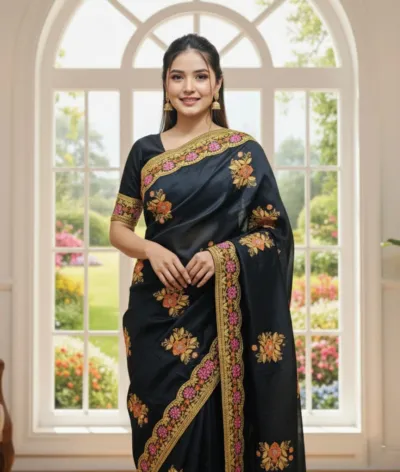 Semi Muslin Saree with Sequin Embroidery and Running Blouse
