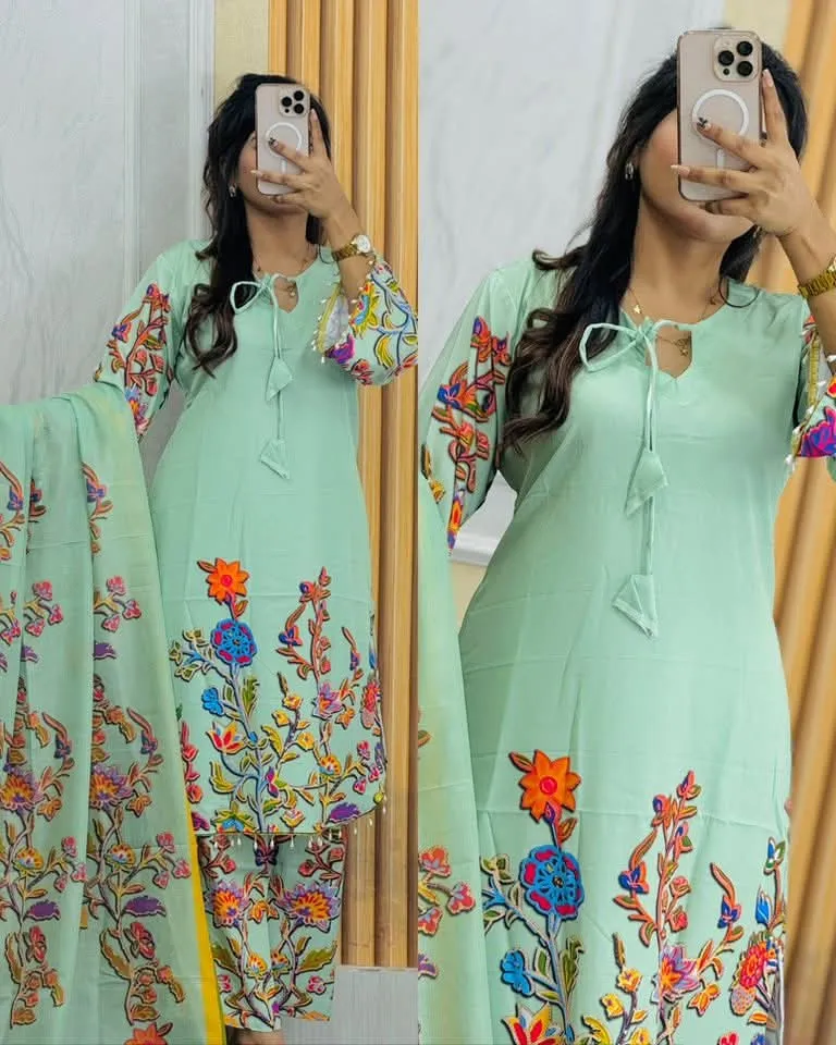 Readymade Micro Soft Digital Print Three Piece, Bindu Cotton Orna