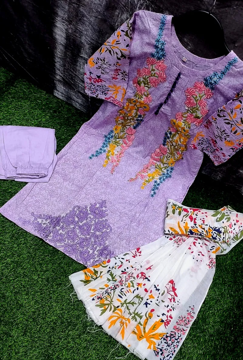 Women's Cotton Watermark Print Three Piece with Embroidery