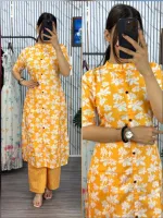 Women's Button Front Cotton Kurti and Pant Set