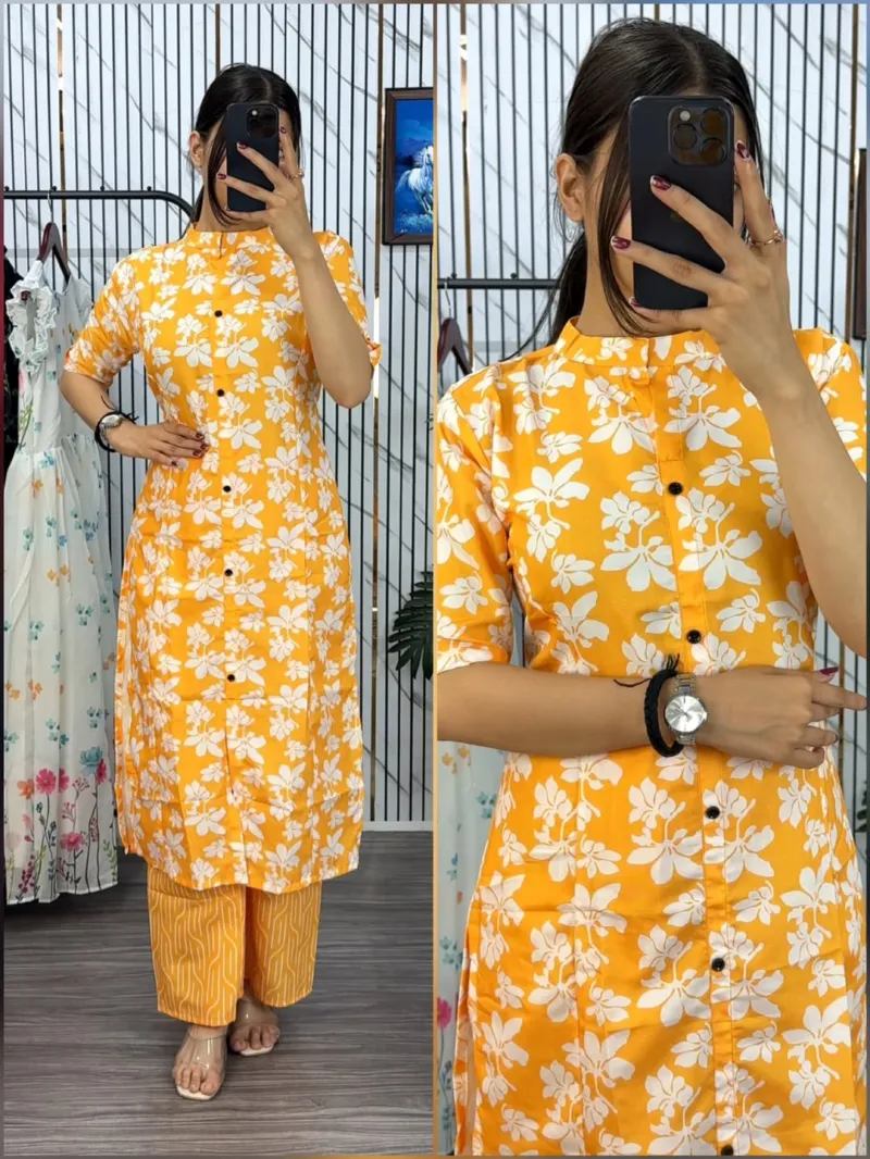 Women's Button Front Cotton Kurti and Pant Set