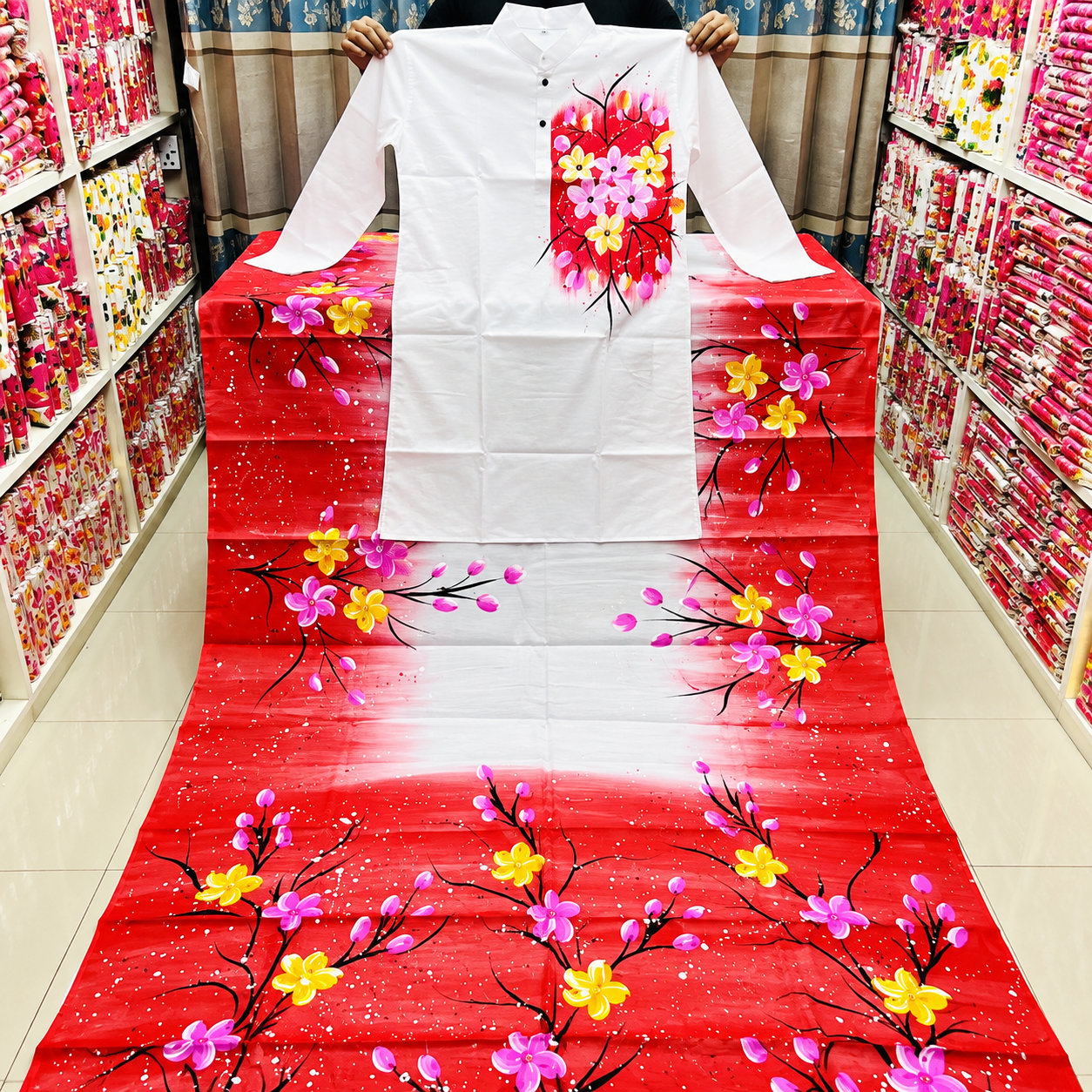 Hand-Painted Couple Set - Half Silk Saree & Dupion Silk Panjabi