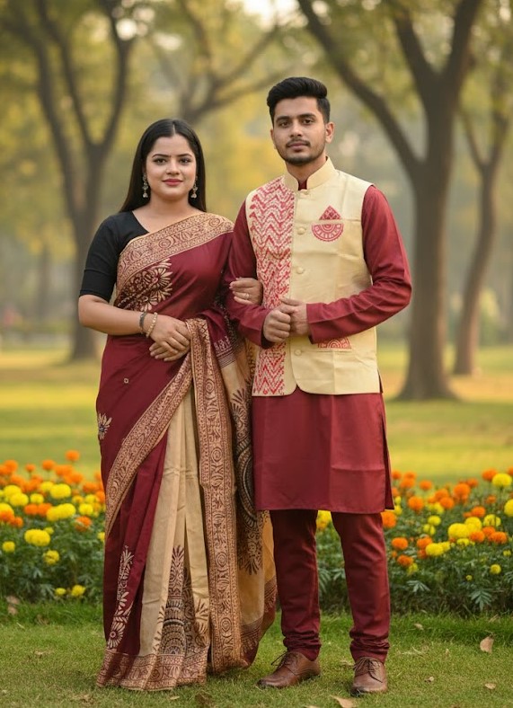 Nakshi Tangail Saree and Koti Panjabi Couple Set, 6 Colours